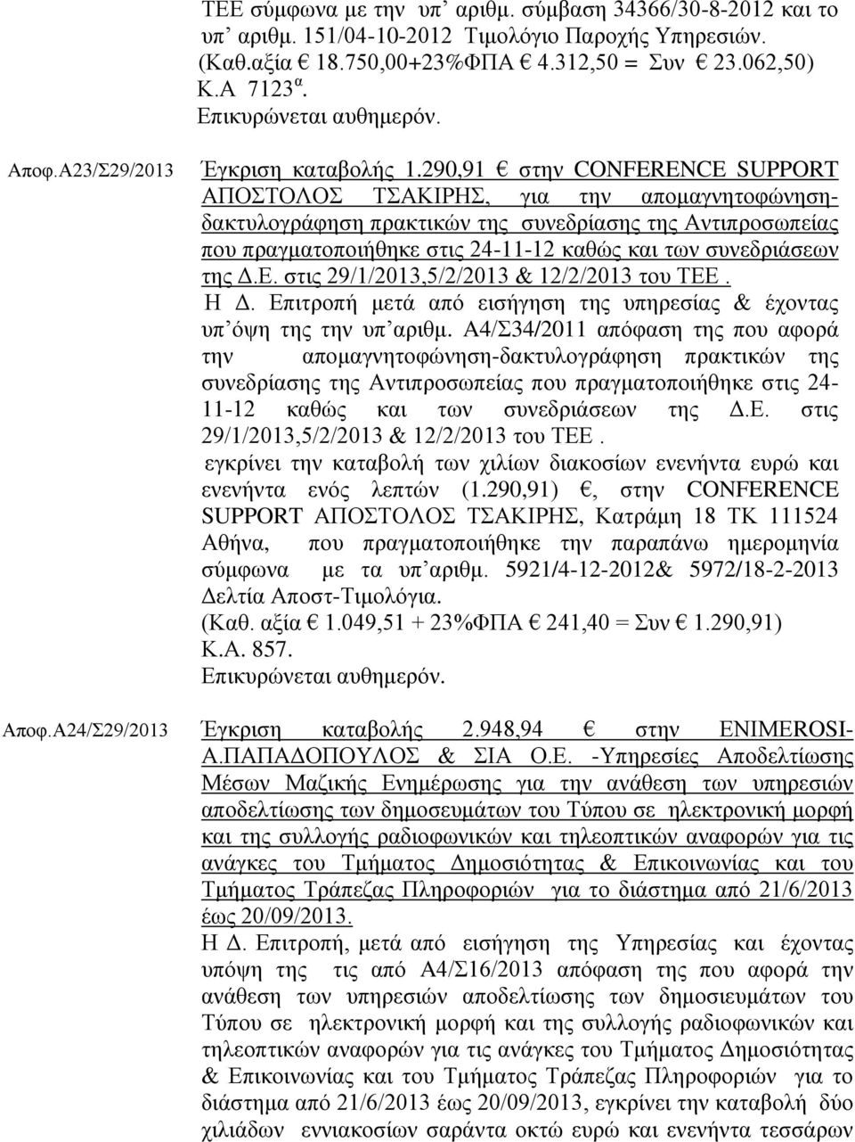 290,91 στην CONFERENCE SUPPORT ΑΠΟΣΤΟΛΟΣ ΤΣΑΚΙΡΗΣ, για την απομαγνητοφώνησηδακτυλογράφηση πρακτικών της συνεδρίασης της Αντιπροσωπείας που πραγματοποιήθηκε στις 24-11-12 καθώς και των συνεδριάσεων