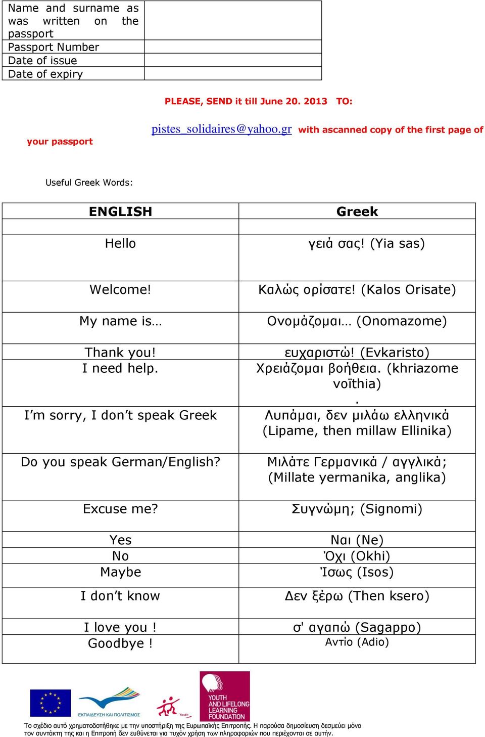I m sorry, I don t speak Greek Do you speak German/English? Excuse me? Yes No Maybe I don t know I love you! Goodbye! Καλώς ορίσατε! (Kalos Orisate) Ονομάζομαι (Onomazome) ευχαριστώ!
