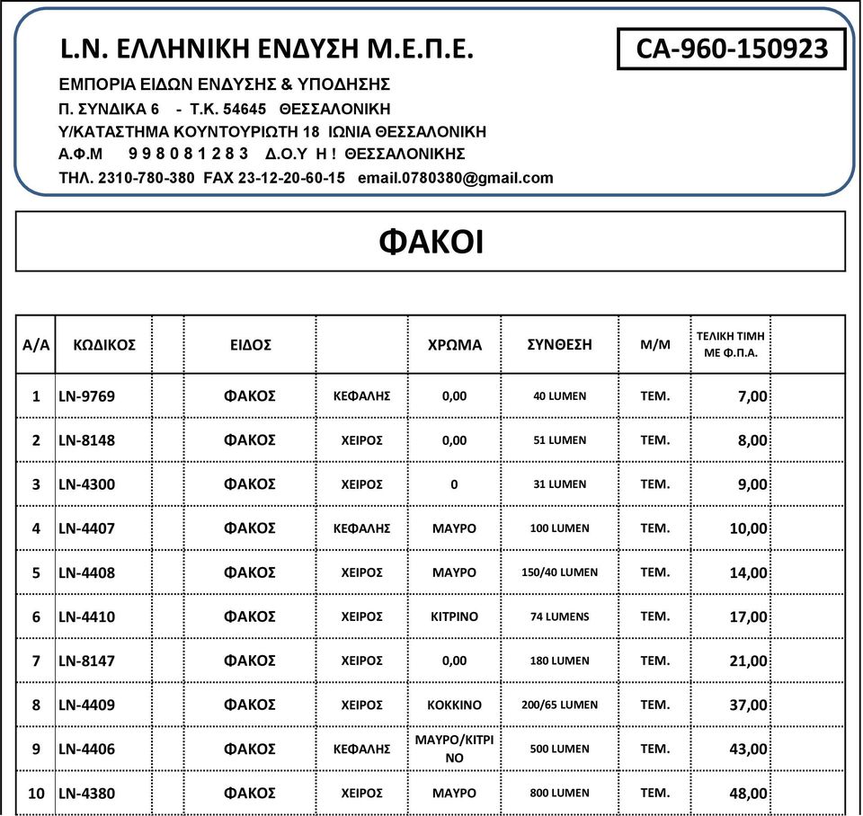 7, 2 LN-8148 ΦΑΚΟΣ ΧΕΙΡΟΣ, 51 LUMEN ΤΕΜ. 8, 3 LN-43 ΦΑΚΟΣ ΧΕΙΡΟΣ 31 LUMEN ΤΕΜ. 9, 4 LN-447 ΦΑΚΟΣ ΚΕΦΑΛΗΣ ΜΑΥΡΟ 1 LUMEN ΤΕΜ. 1, 5 LN-448 ΦΑΚΟΣ ΧΕΙΡΟΣ ΜΑΥΡΟ 15/4 LUMEN ΤΕΜ.