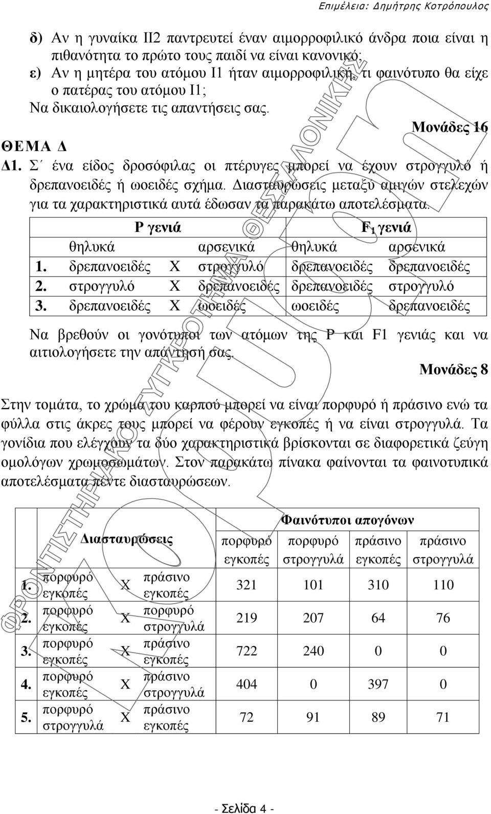 Διασταυρώσεις μεταξύ αμιγών στελεχών για τα χαρακτηριστικά αυτά έδωσαν τα παρακάτω αποτελέσματα. Ρ γενιά F 1 γενιά θηλυκά αρσενικά θηλυκά αρσενικά 1.