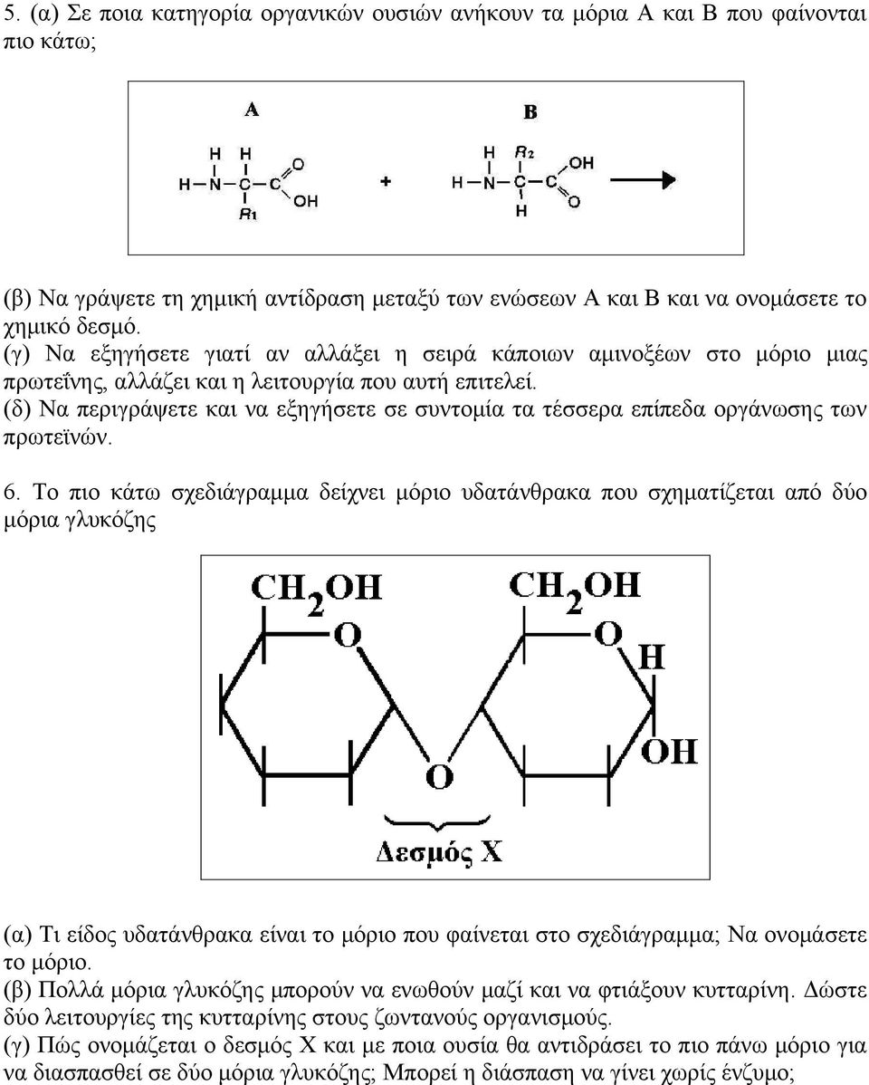 (δ) Να περιγράψετε και να εξηγήσετε σε συντομία τα τέσσερα επίπεδα οργάνωσης των πρωτεϊνών. 6.