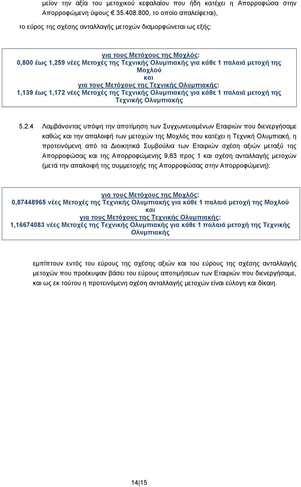 της Μοχλού και για τους Μετόχους της Τεχνικής Ολυμπιακής: 1,139 έως 1,172 