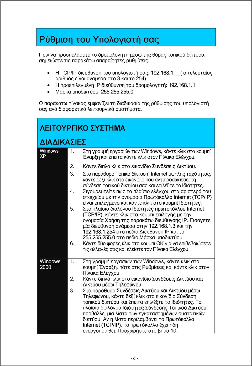 255.255.0 Ο παρακάτω πίνακας εµφανίζει τη διαδικασία της ρύθµισης του υπολογιστή σας ανά διαφορετικά λειτουργικά συστήµατα. ΛΕΙΤΟΥΡΓΙΚΟ ΣΥΣΤΗΜΑ ΙΑ ΙΚΑΣΙΕΣ Windows XP 1.