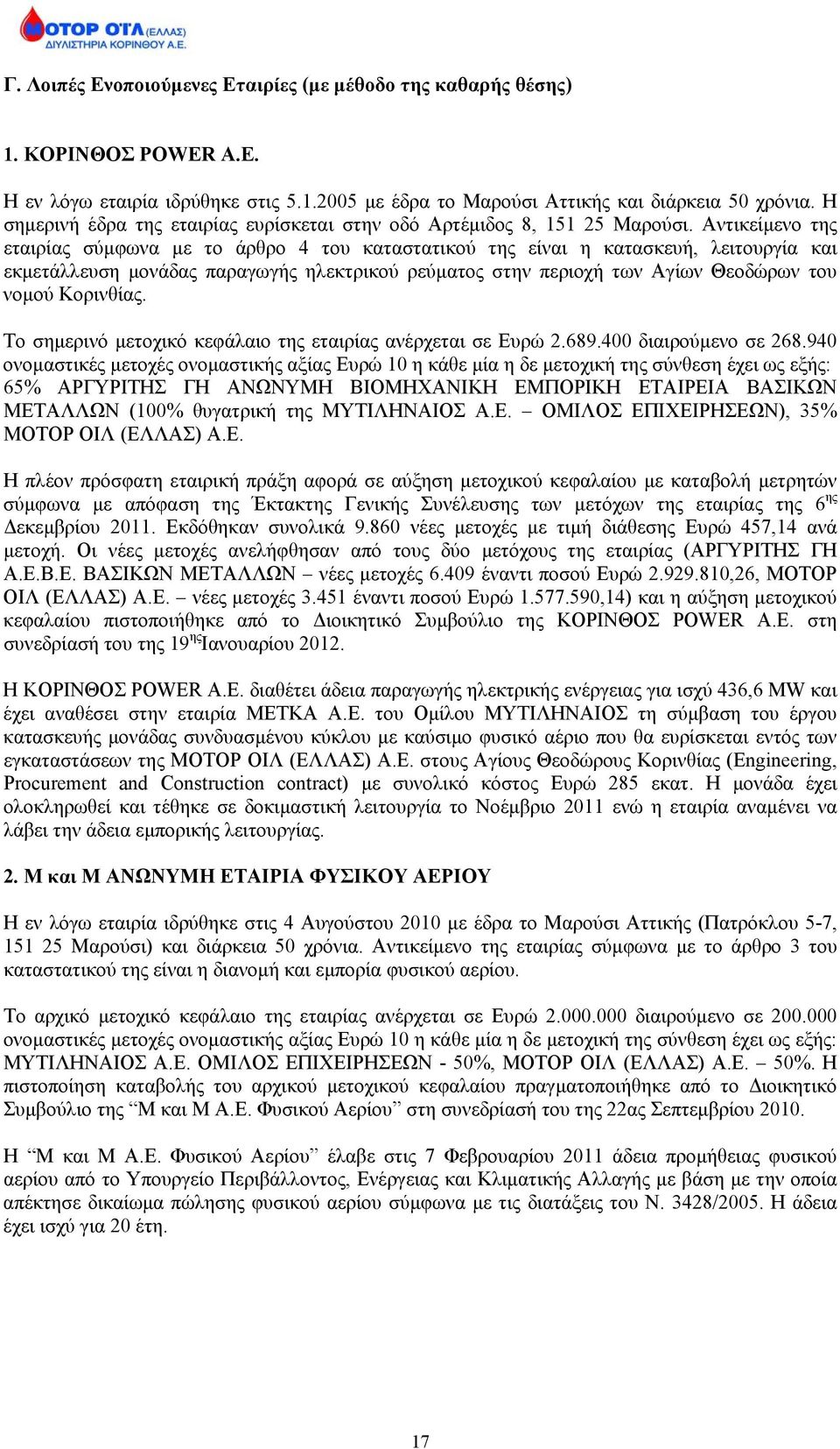 Αντικείμενο της εταιρίας σύμφωνα με το άρθρο 4 του καταστατικού της είναι η κατασκευή, λειτουργία και εκμετάλλευση μονάδας παραγωγής ηλεκτρικού ρεύματος στην περιοχή των Αγίων Θεοδώρων του νομού