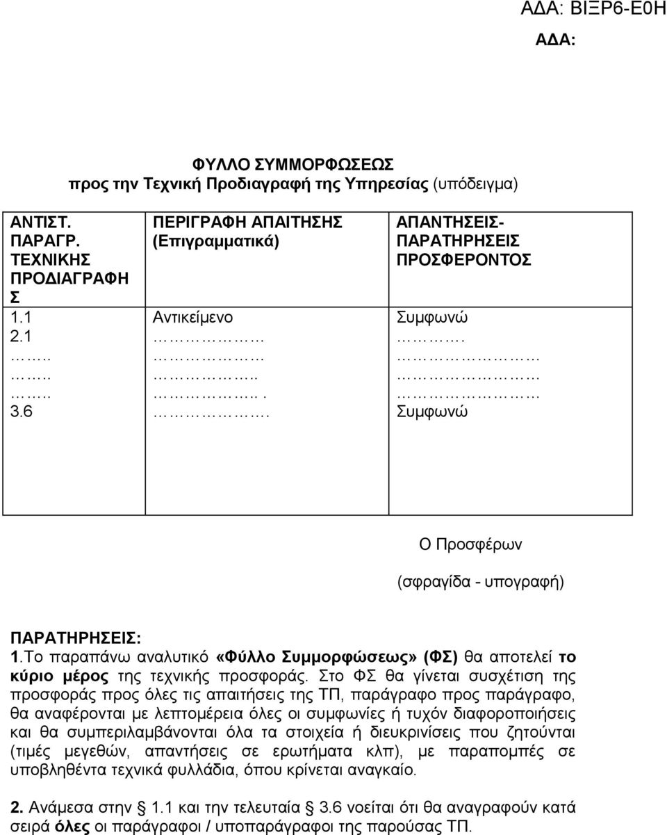 Το παραπάνω αναλυτικό «Φύλλο Συμμορφώσεως» (ΦΣ) θα αποτελεί το κύριο μέρος της τεχνικής προσφοράς.