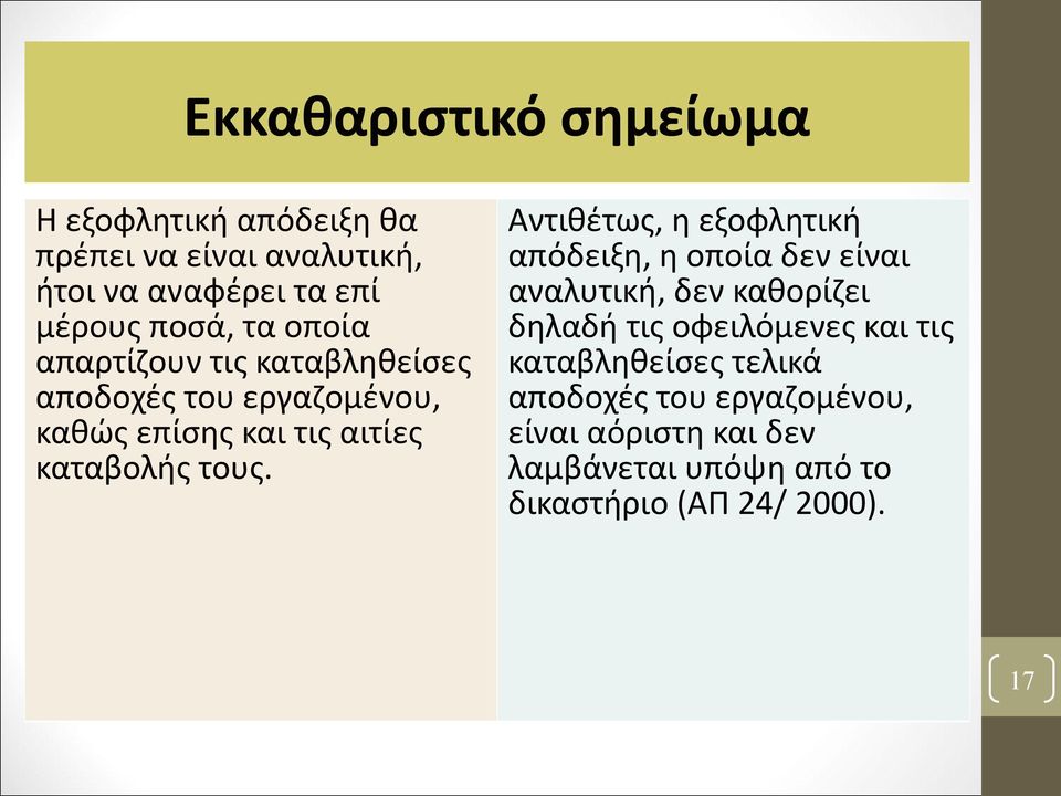 Αντιθέτως, η εξοφλητική απόδειξη, η οποία δεν είναι αναλυτική, δεν καθορίζει δηλαδή τις οφειλόμενες και τις