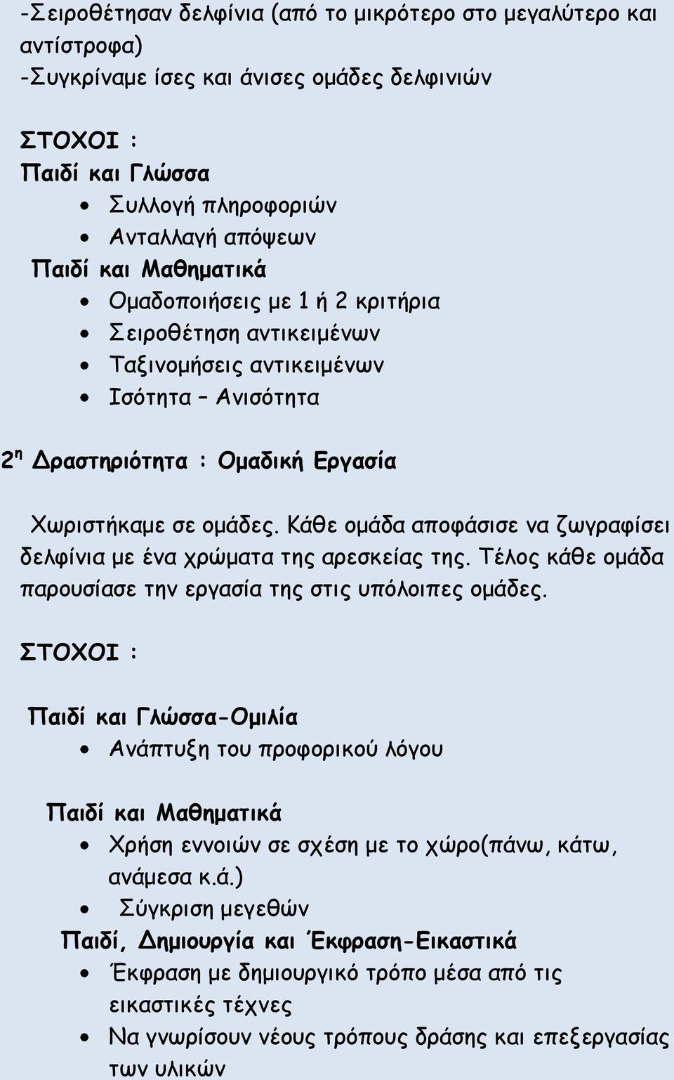 Κάθε ομάδα αποφάσισε να ζωγραφίσει δελφίνια με ένα χρώματα της αρεσκείας της. Τέλος κάθε ομάδα παρουσίασε την εργασία της στις υπόλοιπες ομάδες.