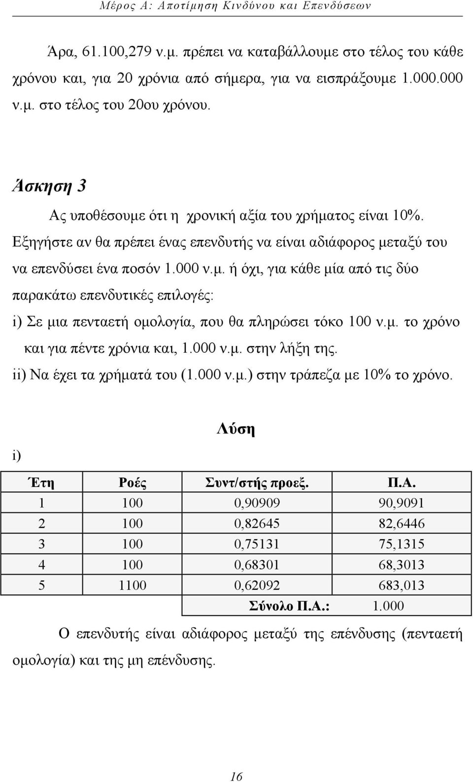 µ. το χρόνο και για πέντε χρόνια και, 1.000 ν.µ. στην λήξη της. ii) Να έχει τα χρήµατά του (1.000 ν.µ.) στην τράπεζα µε 10% το χρόνο. i) Έτη Ροές Συντ/στής προεξ. Π.Α.