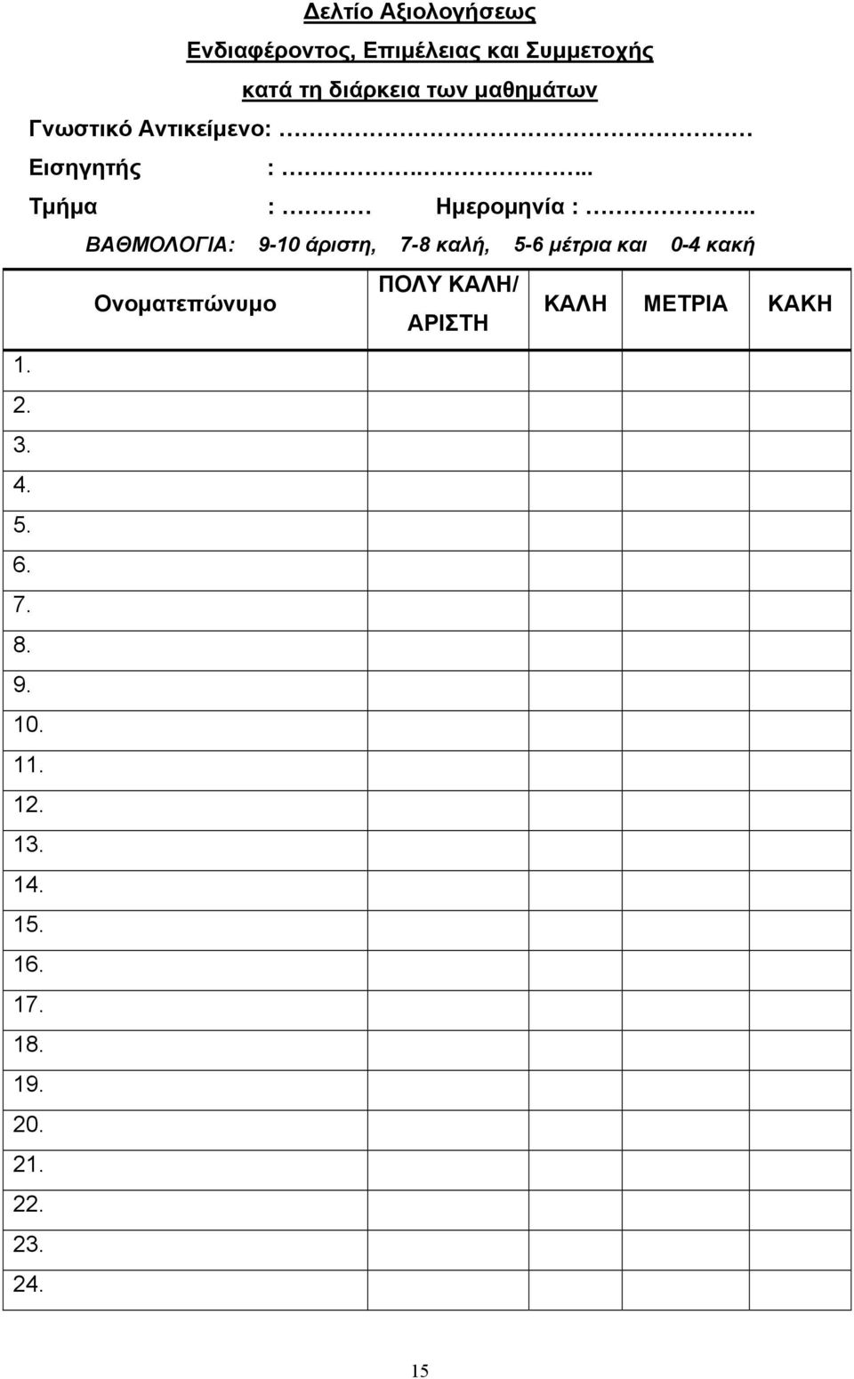 . ΒΑΘΜΟΛΟΓΙΑ: 9-10 άριστη, 7-8 καλή, 5-6 μέτρια και 0-4 κακή ΠΟΛΥ ΚΑΛΗ/ Ονοματεπώνυμο