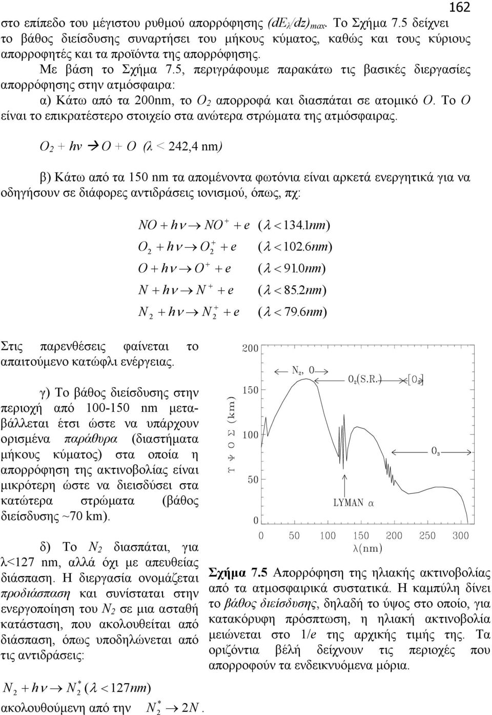 5, περιγράφουµε παρακάτω τις βασικές διεργασίες απορρόφησης στην ατµόσφαιρα: α) Κάτω από τα 200nm, το Ο 2 απορροφά και διασπάται σε ατοµικό Ο.