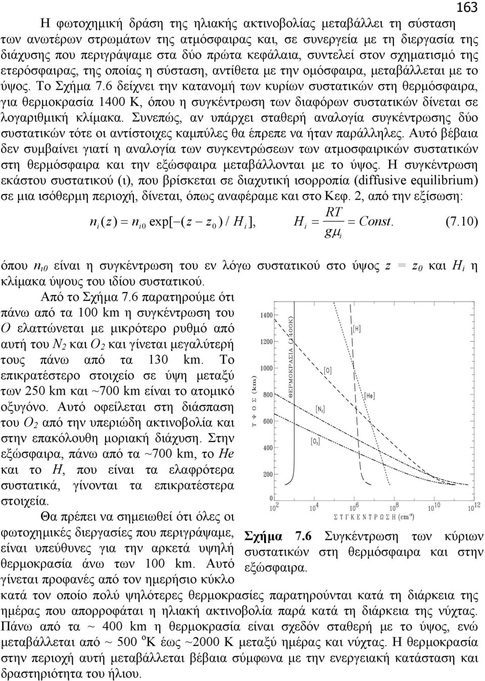 6 δείχνει την κατανοµή των κυρίων συστατικών στη θερµόσφαιρα, για θερµοκρασία 1400 Κ, όπου η συγκέντρωση των διαφόρων συστατικών δίνεται σε λογαριθµική κλίµακα.