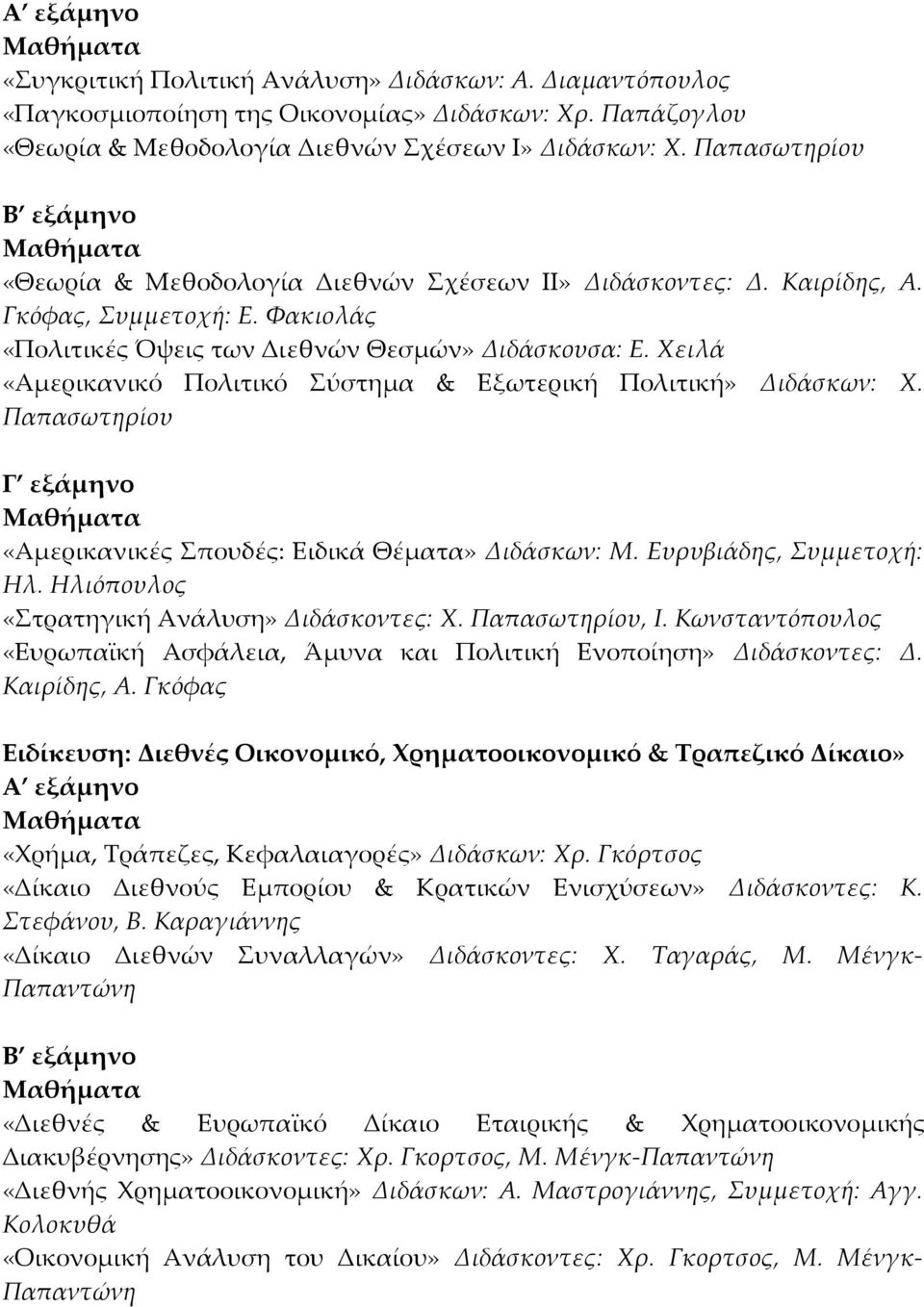 Χειλά «Αμερικανικό Πολιτικό Σύστημα & Εξωτερική Πολιτική» Διδάσκων: Χ. Παπασωτηρίου «Αμερικανικές Σπουδές: Ειδικά Θέματα» Διδάσκων: Μ. Ευρυβιάδης, Συμμετοχή: Ηλ.