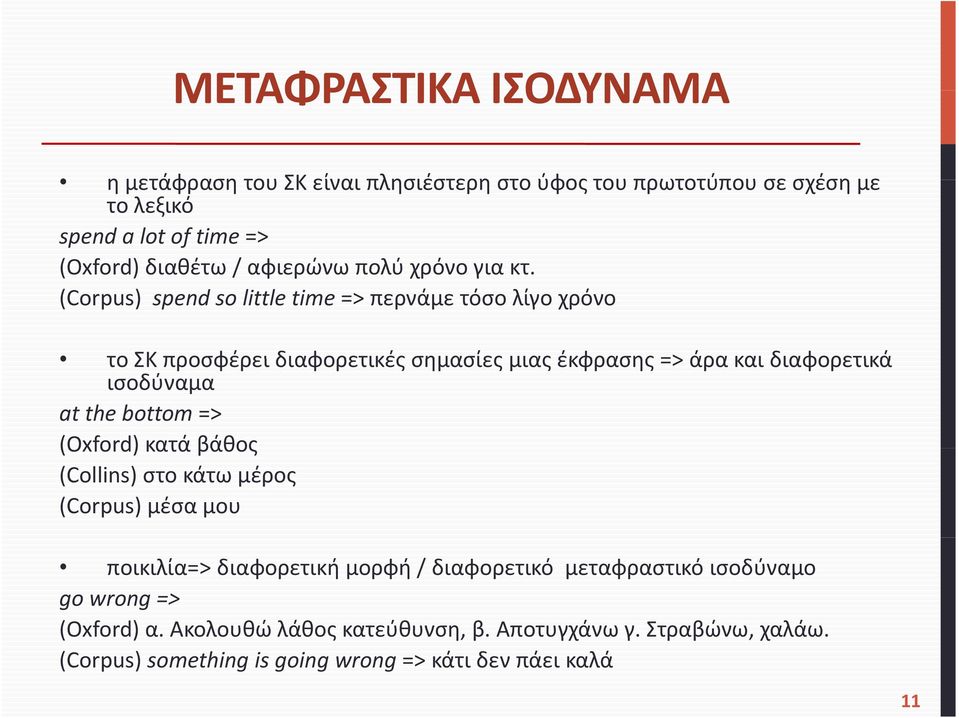 (Corpus) spend so little time => περνάμε τόσο λίγο χρόνο το ΣΚ προσφέρει διαφορετικές σημασίες μιας έκφρασης => άρα και διαφορετικά ισοδύναμα at the