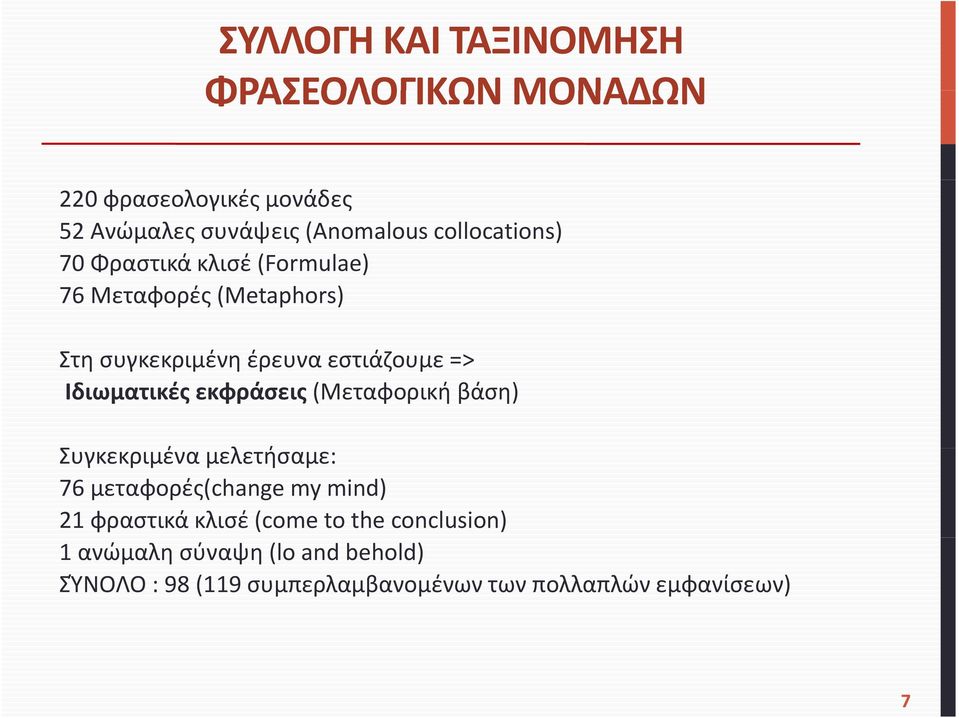 Ιδιωματικές εκφράσεις (Μεταφορική βάση) Συγκεκριμένα μελετήσαμε: 76 μεταφορές(change my mind) 21 φραστικά