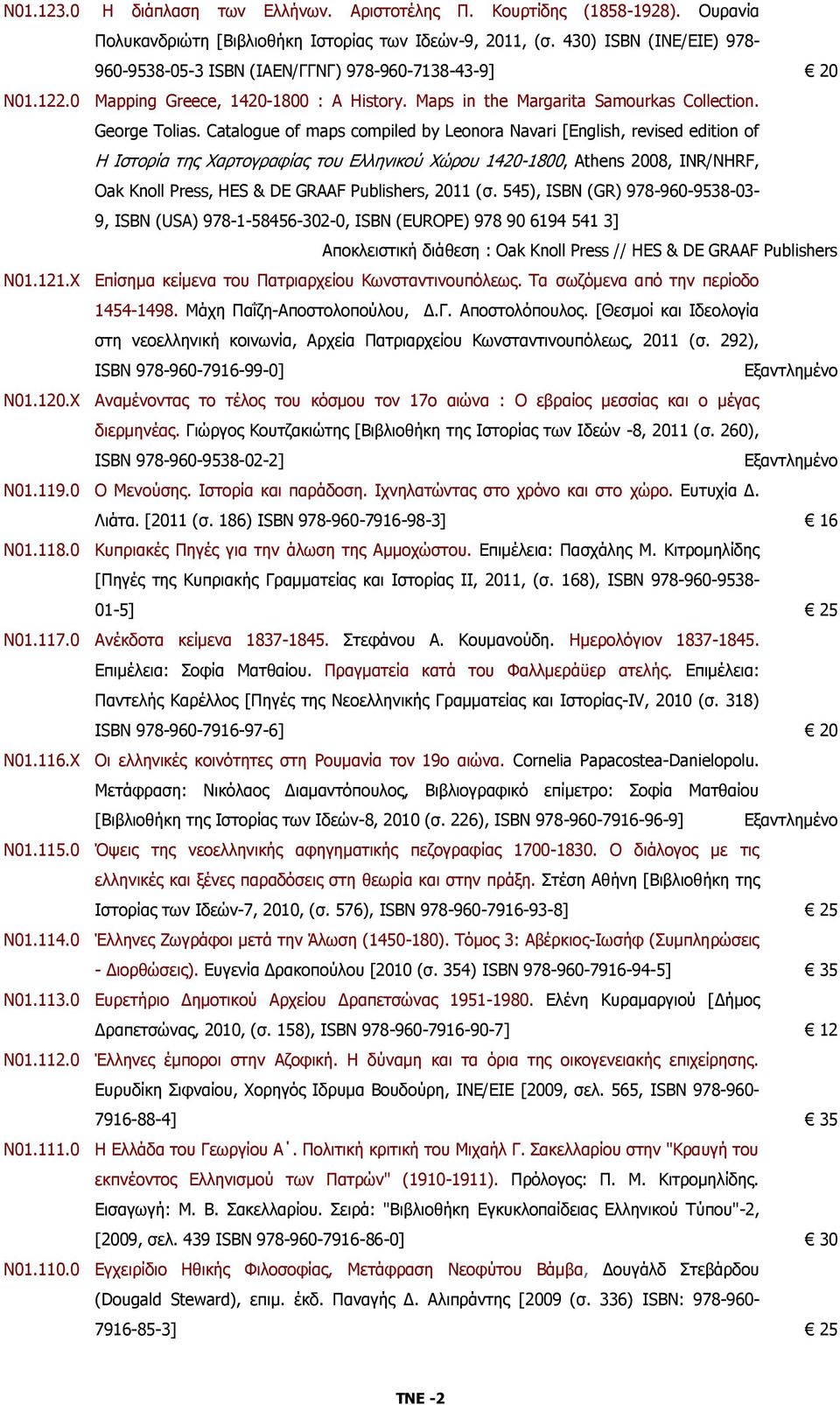 Catalogue of maps compiled by Leonora Navari [English, revised edition of Η Ιστορία της Χαρτογραφίας του Ελληνικού Χώρου 1420-1800, Athens 2008, INR/NHRF, Oak Knoll Press, HES & DE GRAAF Publishers,