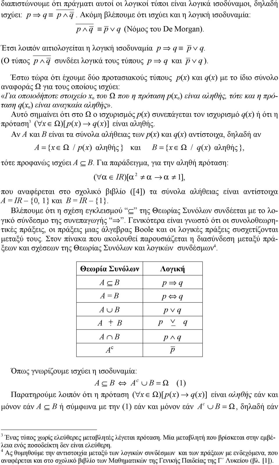Έστω τώρα ότι έχουμε δύο προτασιακούς τύπους p(x) και q(x) με το ίδιο σύνολο αναφοράς Ω για τους οποίους ισχύει: «Για οποιοδήποτε στοιχείο x ο του Ω που η πρόταση p(x ο ) είναι αληθής, τότε και η