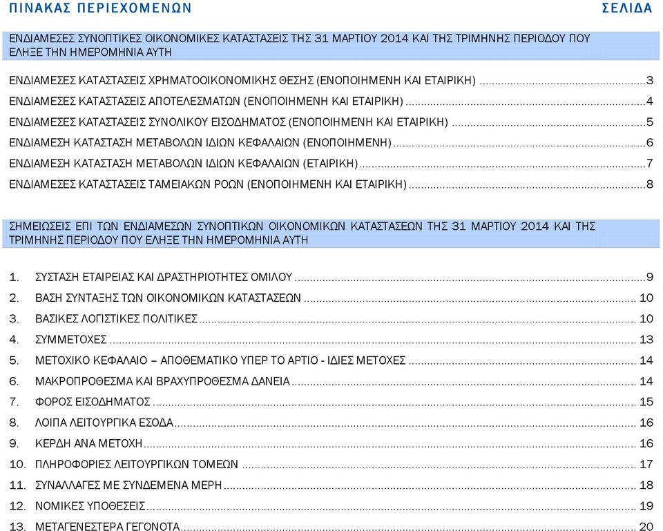 .. 5 ΕΝΔΙΑΜΕΣΗ ΚΑΤΑΣΤΑΣΗ ΜΕΤΑΒΟΛΩΝ ΙΔΙΩΝ ΚΕΦΑΛΑΙΩΝ (ΕΝΟΠΟΙΗΜΕΝΗ)... 6 ΕΝΔΙΑΜΕΣΗ ΚΑΤΑΣΤΑΣΗ ΜΕΤΑΒΟΛΩΝ ΙΔΙΩΝ ΚΕΦΑΛΑΙΩΝ (ΕΤΑΙΡΙΚΗ)... 7 ΕΝΔΙΑΜΕΣΕΣ ΚΑΤΑΣΤΑΣΕΙΣ ΤΑΜΕΙΑΚΩΝ ΡΟΩΝ (ΕΝΟΠΟΙΗΜΕΝΗ ΚΑΙ ΕΤΑΙΡΙΚΗ).