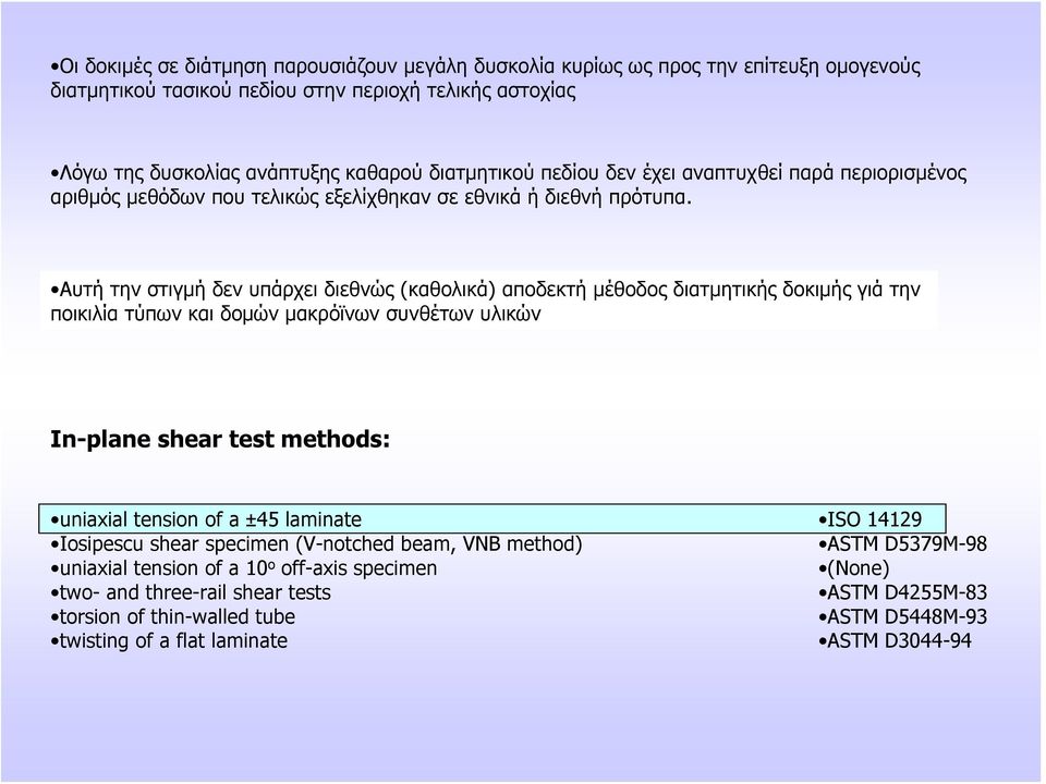 Αυτή την στιγμή δεν υπάρχει διεθνώς (καθολικά) αποδεκτή μέθοδος διατμητικής δοκιμής γιά την ποικιλία τύπων και δομών μακρόϊνων συνθέτων υλικών In-plane shear test methods: uniaxial tension of a