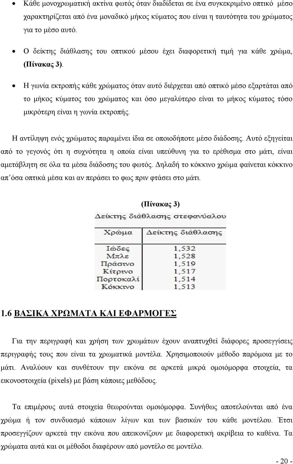 Η γωνία εκτροπής κάθε χρώματος όταν αυτό διέρχεται από οπτικό μέσο εξαρτάται από το μήκος κύματος του χρώματος και όσο μεγαλύτερο είναι το μήκος κύματος τόσο μικρότερη είναι η γωνία εκτροπής.