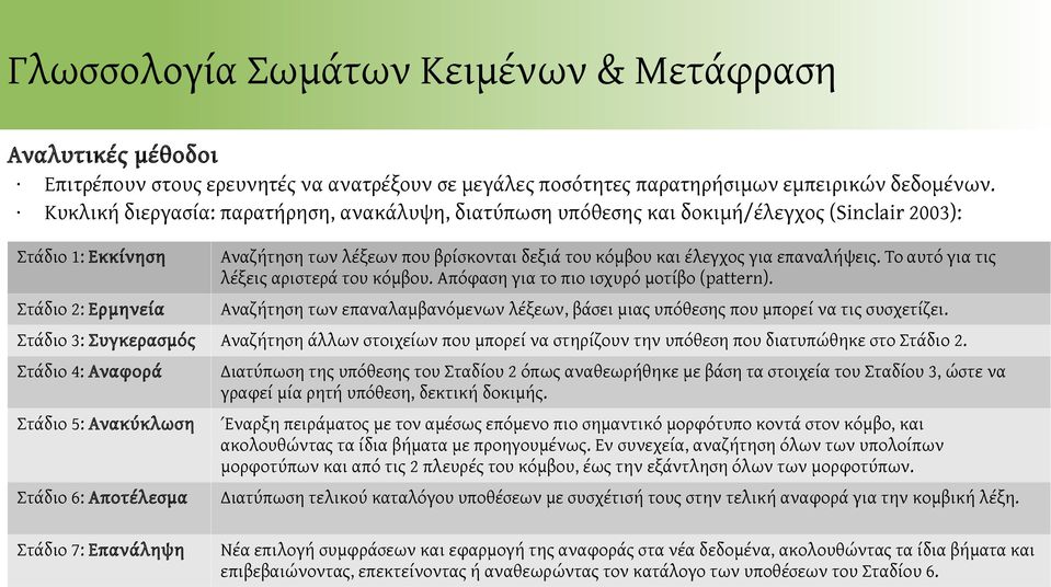 Το αυτό για τις λέξεις αριστερά του κόμβου. Απόφαση για το πιο ισχυρό μοτίβο (pattern). Στάδιο 2: Ερμηνεία Αναζήτηση των επαναλαμβανόμενων λέξεων, βάσει μιας υπόθεσης που μπορεί να τις συσχετίζει.
