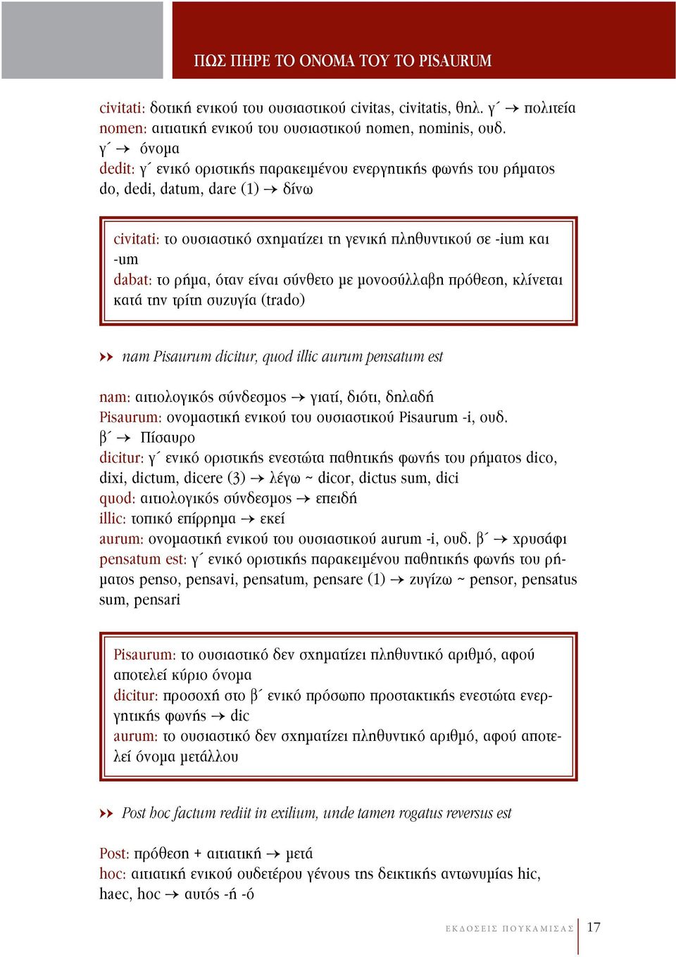 όταν είναι σύνθετο με μονοσύλλαβη πρόθεση, κλίνεται κατά την τρίτη συζυγία (trado) nam Pisaurum dicitur, quod illic aurum pensatum est nam: αιτιολογικός σύνδεσμος γιατί, διότι, δηλαδή Pisaurum: