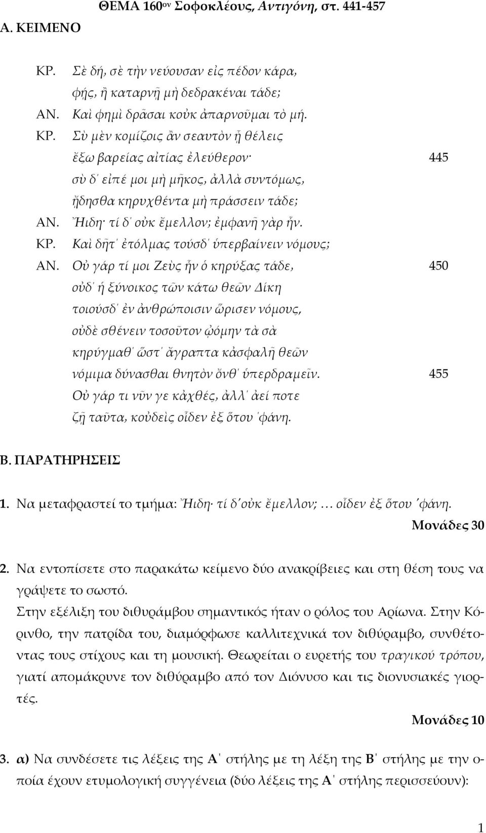 Καὶ δῆτ ἐτόλμας τούσδ ὑπερβαίνειν νόμους; Οὐ γάρ τί μοι Ζεὺς ἦν ὁ κηρύξας τάδε οὐδ ἡ ξύνοικος τῶν κάτω θεῶν Δίκη τοιούσδ ἐν ἀνθρώποισιν ὥρισεν νόμους, οὐδὲ σθένειν τοσοῦτον ᾠόμην τὰ σὰ κηρύγμαθ ὥστ