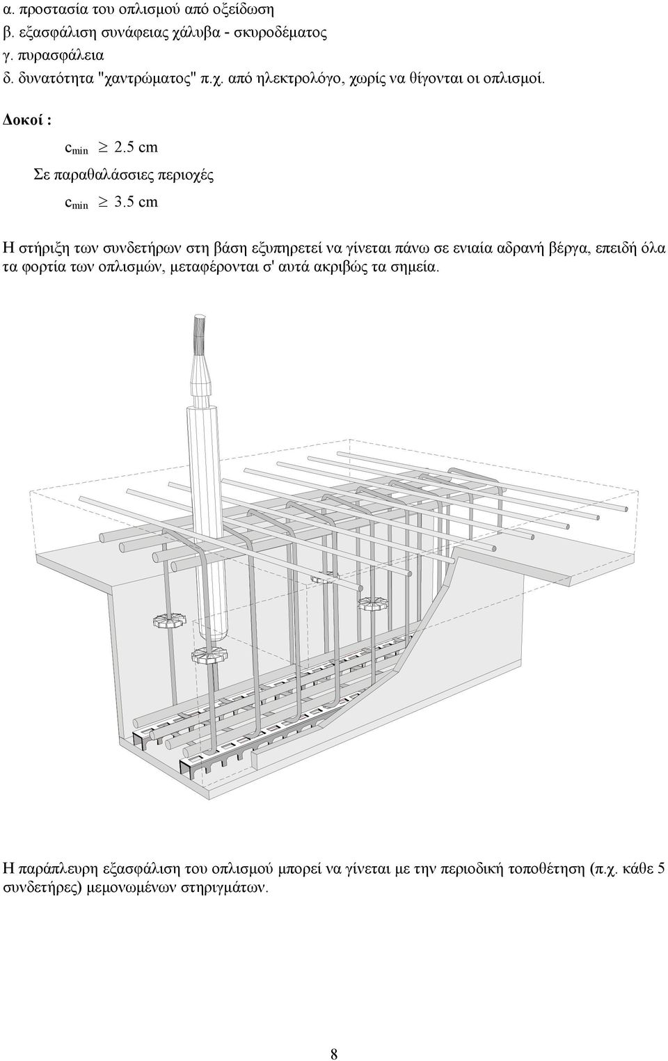 5 cm Η στήριξη των συνδετήρων στη βάση εξυπηρετεί να γίνεται πάνω σε ενιαία αδρανή βέργα, επειδή όλα τα φορτία των οπλισµών,