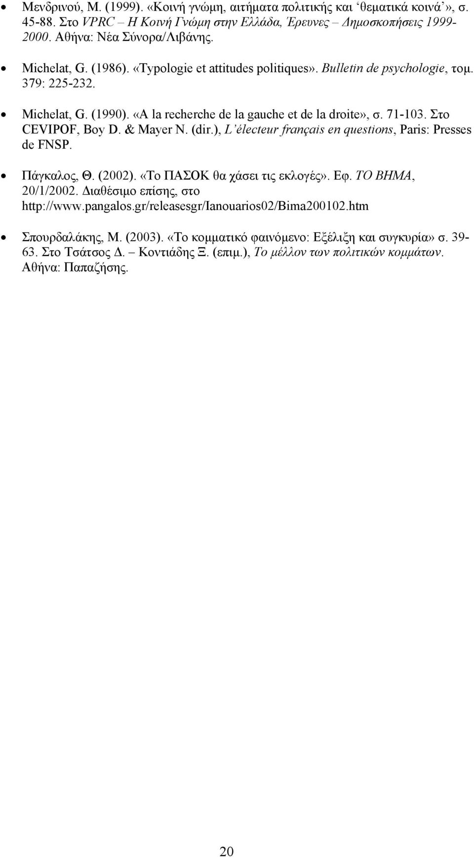 (dir.), L électeur français en questions, Paris: Presses de FNSP. Πάγκαλος, Θ. (2002). «Το ΠΑΣΟΚ θα χάσει τις εκλογές». Εφ. ΤΟ ΒΗΜΑ, 20/1/2002. Διαθέσιμο επίσης, στο http://www.pangalos.