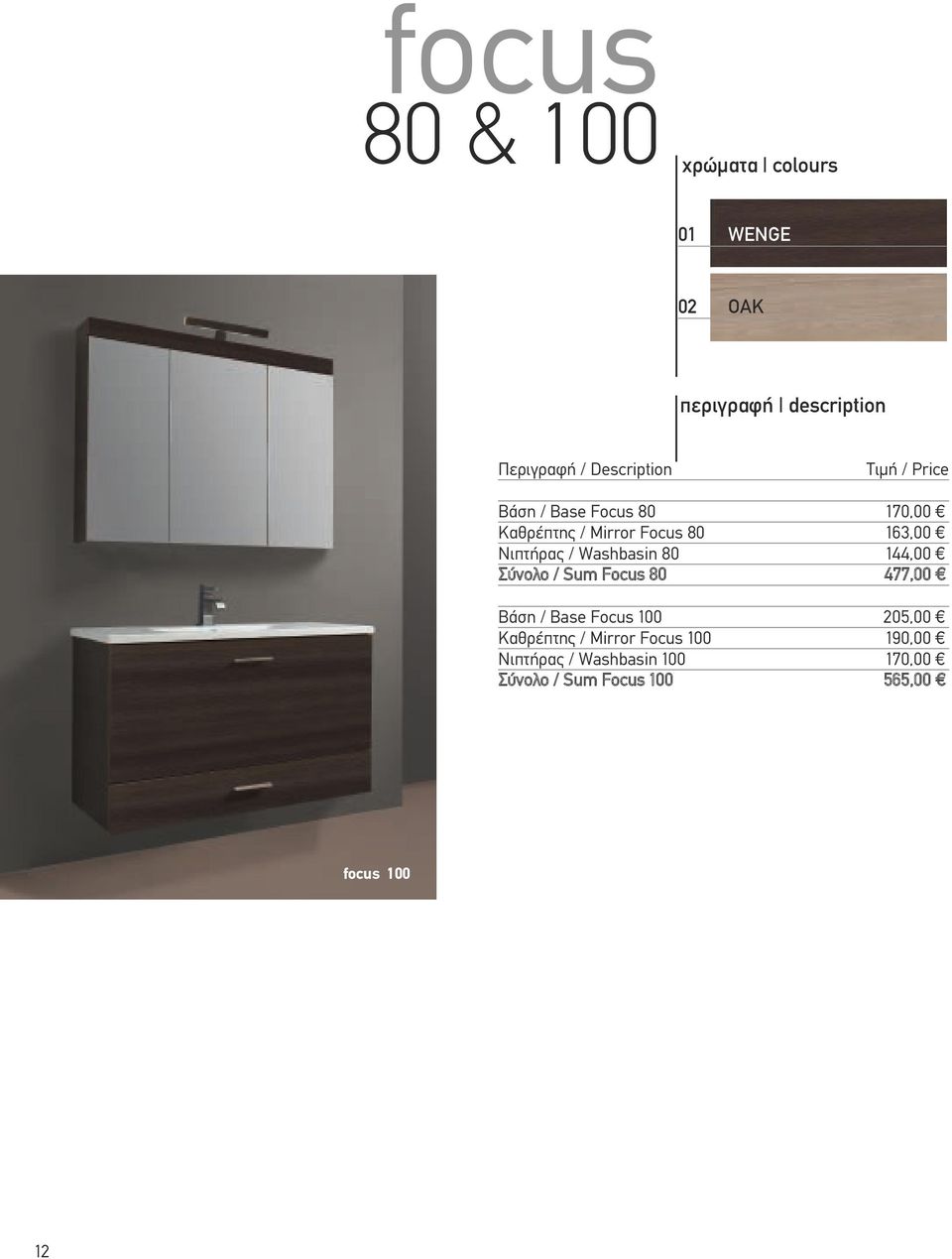 Νιπτήρας / Washbasin 80 144,00 Σύνολο / Sum Focus 80 477,00 Βάση / Base Focus 100 205,00