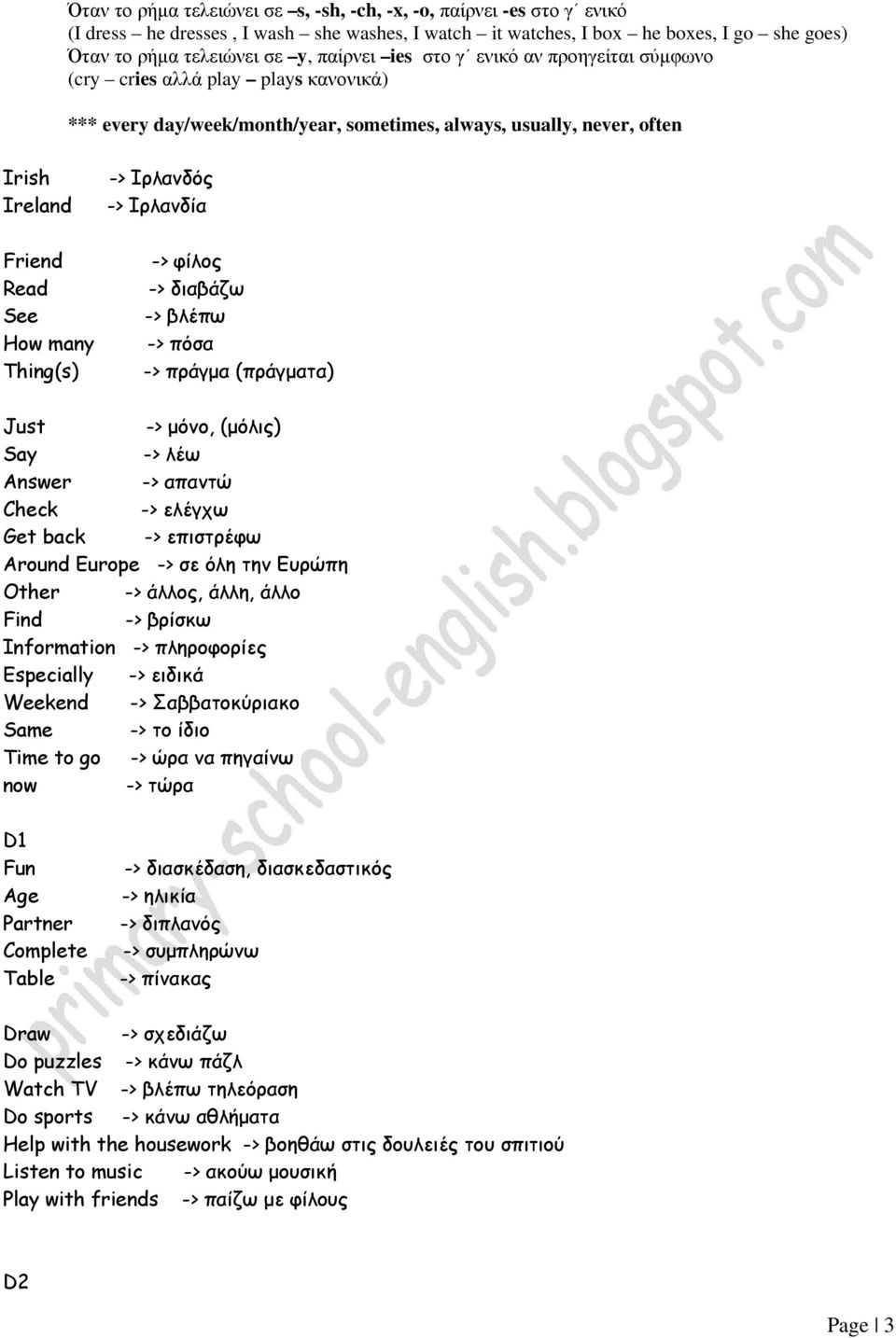 See How many Thing(s) -> φίλος -> διαβάζω -> βλέπω -> πόσα -> πράγµα (πράγµατα) Just -> µόνο, (µόλις) Say -> λέω Answer -> απαντώ Check -> ελέγχω Get back -> επιστρέφω Around Europe -> σε όλη την