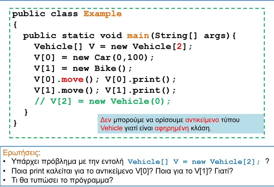 print(); // V[2] = new Vehicle(0); Δεν μπορούμε να ορίσουμε αντικείμενο τύπου Vehicle γιατί είναι αφηρημένη κλάση.