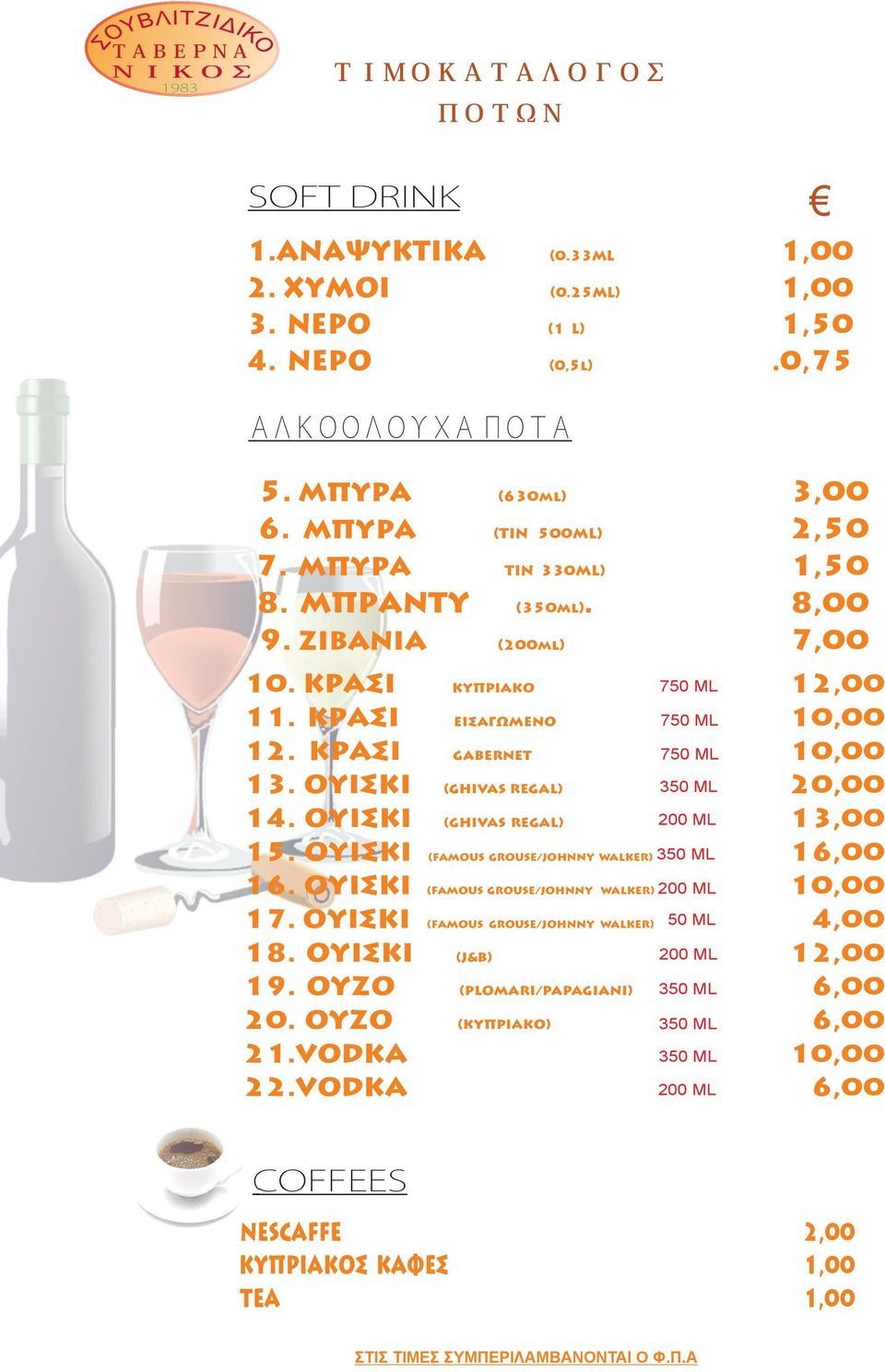 ΟΥΙΣΚΙ (GHIVAS REGAL) 350 ML 20,00 14. ΟΥΙΣΚΙ (GHIVAS REGAL) 200 ML 1 15. ΟΥΙΣΚΙ (FAMOUS GROUSE/JOHNNY WALKER) 350 ML 1 16. ΟΥΙΣΚΙ (FAMOUS GROUSE/JOHNNY WALKER) 200 ML 10,00 17.