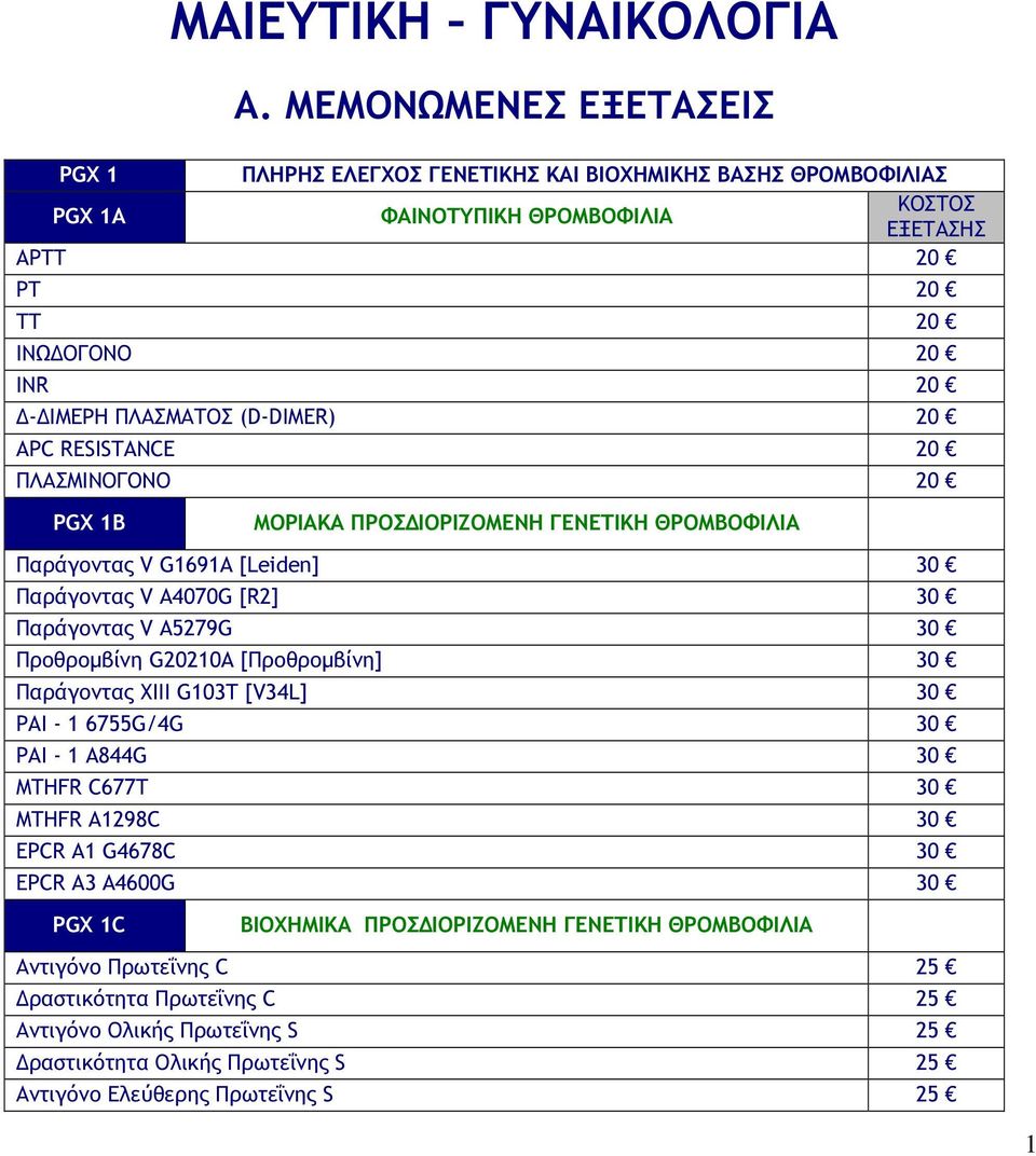 APC RESISTANCE 20 ΠΛΑΣΜΙΝΟΓΟΝΟ 20 PGX 1B ΜΟΡΙΑΚΑ ΠΡΟΣ ΙΟΡΙΖΟΜΕΝΗ ΓΕΝΕΤΙΚΗ ΘΡΟΜΒΟΦΙΛΙΑ Παράγοντας V G1691A [Leiden] 30 Παράγοντας V A4070G [R2] 30 Παράγοντας V A5279G 30 Προθροµβίνη G20210A