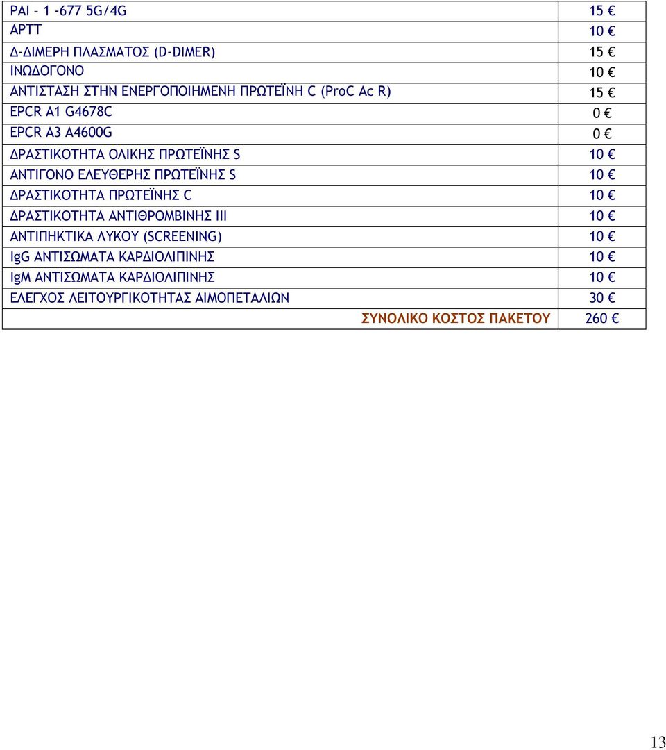 S 10 ΡΑΣΤΙΚΟΤΗΤΑ ΠΡΩΤΕΪΝΗΣ C 10 ΡΑΣΤΙΚΟΤΗΤΑ ΑΝΤΙΘΡΟΜΒΙΝΗΣ ΙΙΙ 10 ΑΝΤΙΠΗΚΤΙΚΑ ΛΥΚΟΥ (SCREENING) 10 IgG ΑΝΤΙΣΩΜΑΤΑ