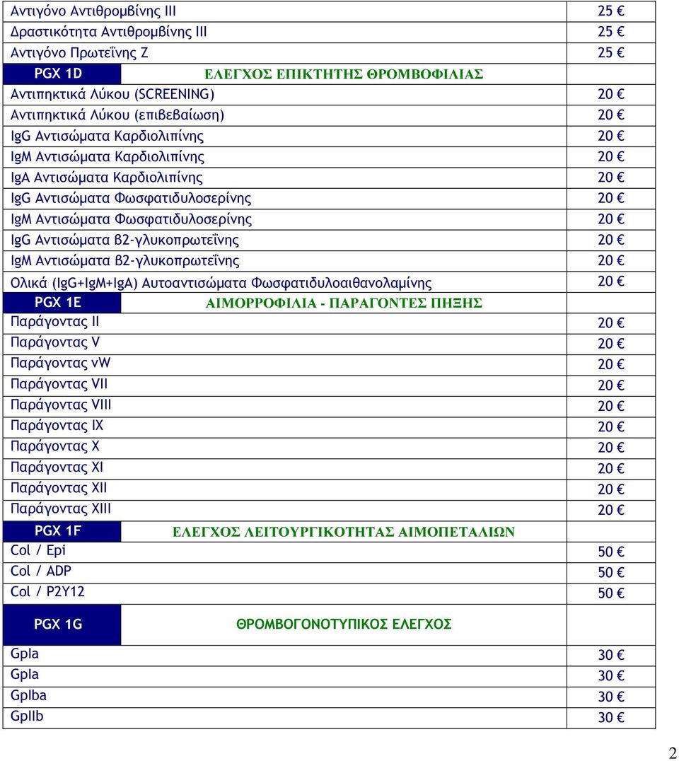 20 IgΜ Αντισώµατα β2-γλυκοπρωτεΐνης 20 Ολικά (IgG+IgM+IgA) Αυτοαντισώµατα Φωσφατιδυλοαιθανολαµίνης 20 PGX 1E ΑΙΜΟΡΡΟΦΙΛΙΑ - ΠΑΡΑΓΟΝΤΕΣ ΠΗΞΗΣ Παράγοντας II 20 Παράγοντας V 20 Παράγοντας vw 20