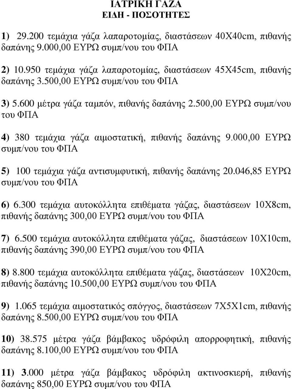 500,00 ΕΥΡΩ συμπ/νου του ΦΠΑ 4) 380 τεμάχια γάζα αιμοστατική, πιθανής δαπάνης 9.000,00 ΕΥΡΩ συμπ/νου του ΦΠΑ 5) 100 τεμάχια γάζα αντισυμφυτική, πιθανής δαπάνης 20.046,85 ΕΥΡΩ συμπ/νου του ΦΠΑ 6) 6.