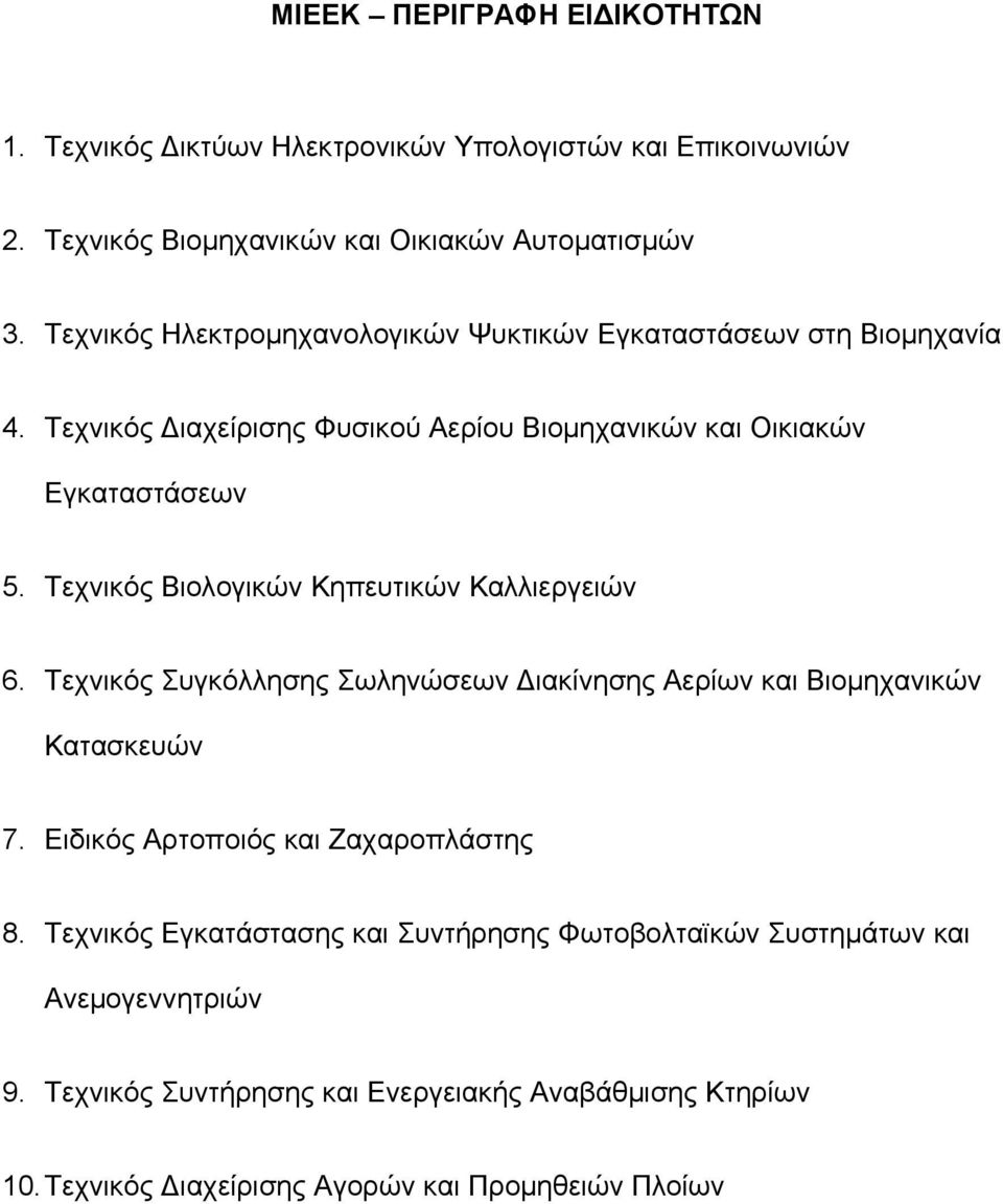 Τεχνικός Βιολογικών Κηπευτικών Καλλιεργειών 6. Τεχνικός Συγκόλλησης Σωληνώσεων ιακίνησης Αερίων και Βιομηχανικών Κατασκευών 7.