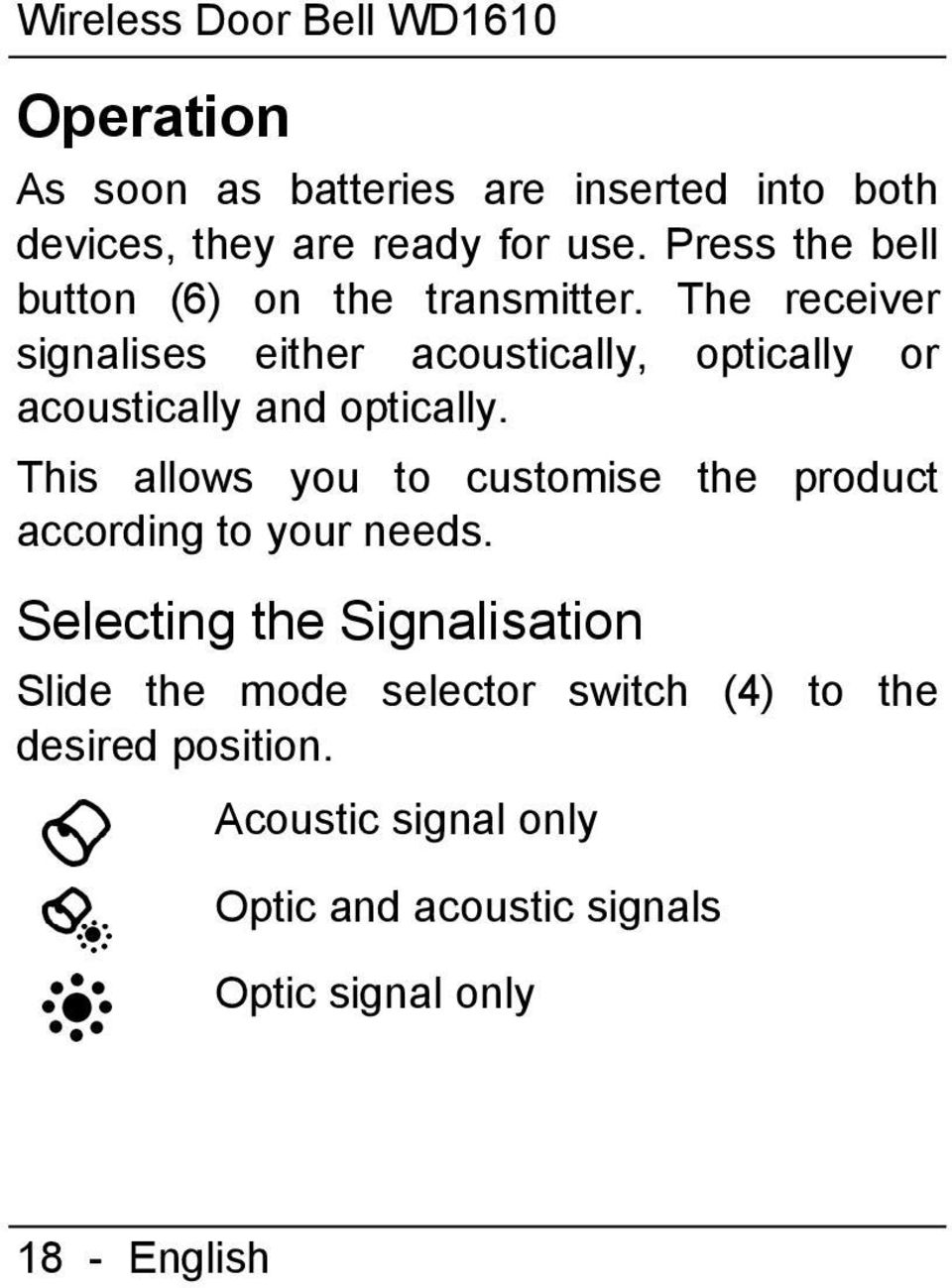 The receiver signalises either acoustically, optically or acoustically and optically.