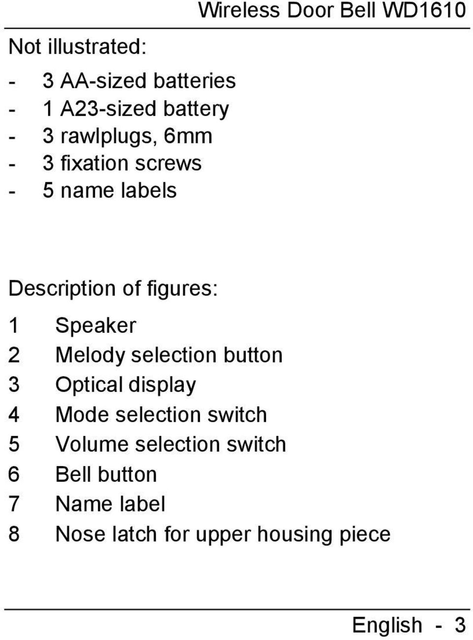 Speaker 2 Melody selection button 3 Optical display 4 Mode selection switch 5 Volume