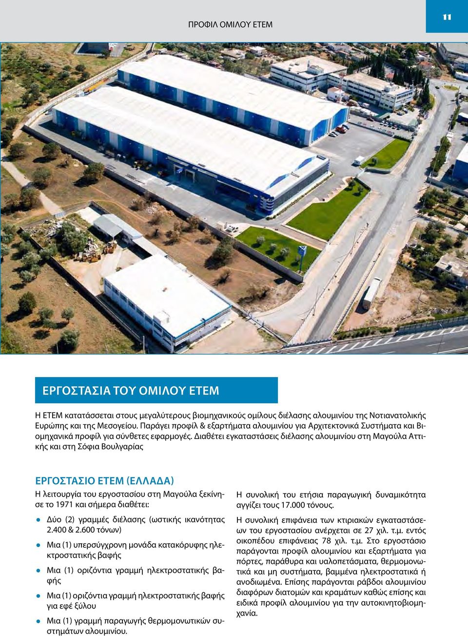 Διαθέτει εγκαταστάσεις διέλασης αλουμινίου στη Μαγούλα Αττικής και στη Σόφια Βουλγαρίας Εργοστάσιο ΕΤΕΜ (Ελλάδα) Η λειτουργία του εργοστασίου στη Μαγούλα ξεκίνησε το 1971 και σήμερα διαθέτει: Δύο (2)