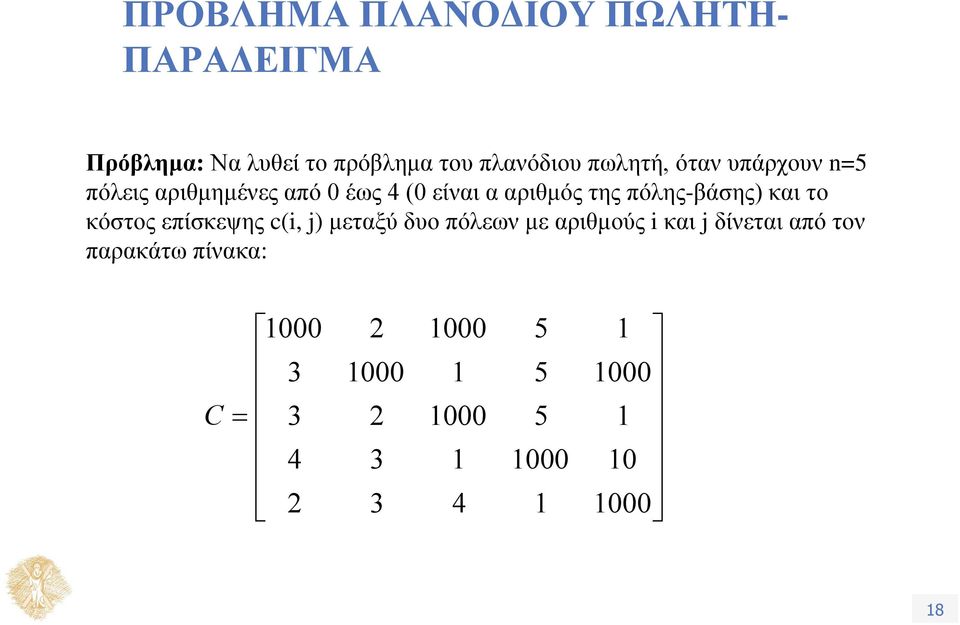 πόλης-βάσης) και το κόστος επίσκεψης c(i, j) μεταξύ δυο πόλεων με αριθμούς i και j