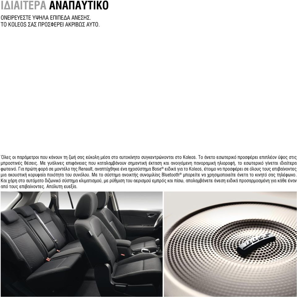 Για πρώτη φορά σε μοντέλο της Renault, αναπτύχθηκε ένα ηχοσύστημα Bose ειδικά για το Koleos, έτοιμο να προσφέρει σε όλους τους επιβαίνοντες μια ακουστική κορυφαία ποιότητα του συνόλου.