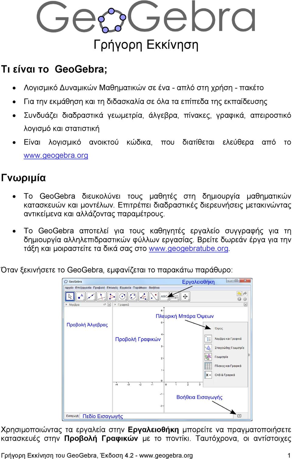 org Το GeoGebra διευκολύνει τους μαθητές στη δημιουργία μαθηματικών κατασκευών και μοντέλων. Επιτρέπει διαδραστικές διερευνήσεις μετακινώντας αντικείμενα και αλλάζοντας παραμέτρους.