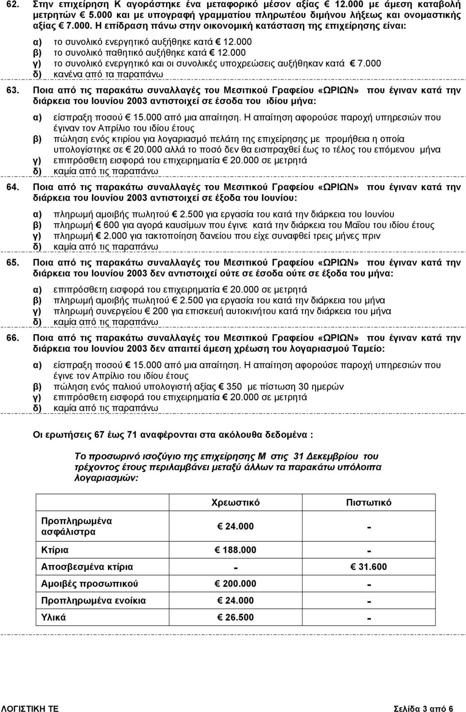 Ποια από τις παρακάτω συναλλαγές του Μεσιτικού Γραφείου «ΩΡΙΩΝ» που έγιναν κατά την διάρκεια του Ιουνίου 2003 αντιστοιχεί σε έσοδα του ιδίου µήνα: α) είσπραξη ποσού 15.000 από µια απαίτηση.