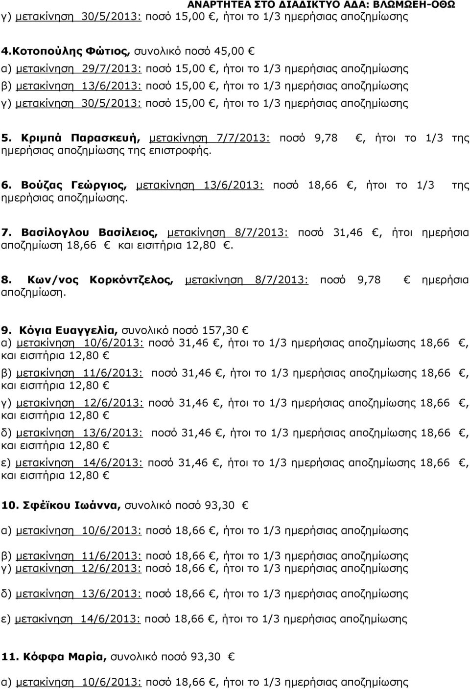 30/5/2013: ποσό 15,00, ήτοι το 1/3 ηµερήσιας αποζηµίωσης 5. Κριµπά Παρασκευή, µετακίνηση 7/7/2013: ποσό 9,78, ήτοι το 1/3 της ηµερήσιας αποζηµίωσης της επιστροφής. 6.