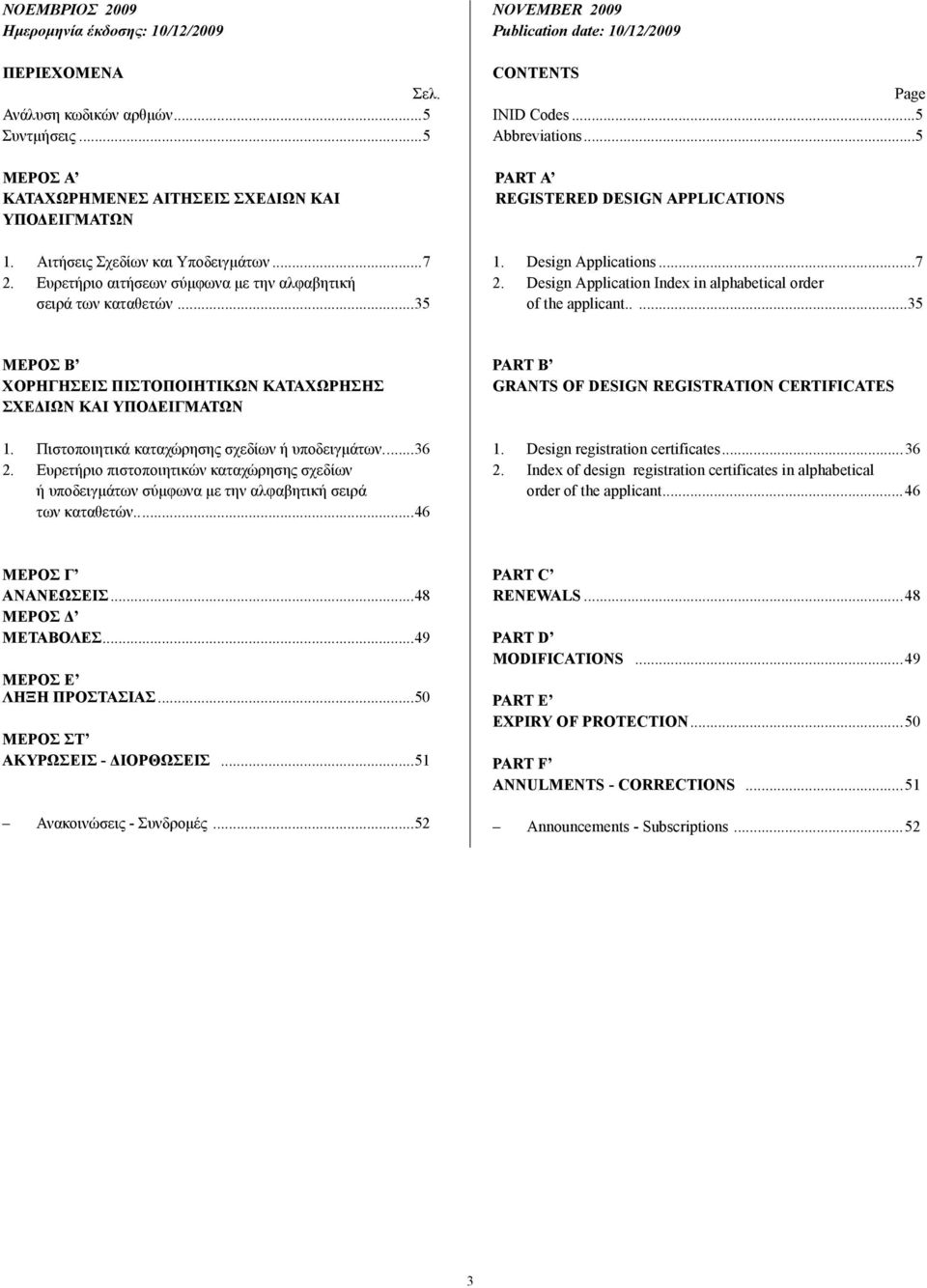 ..5 PART Α REGISTERED DESIGN APPLICATIONS 1. Design Applications...7 2. Design Application Index in alphabetical order of the applicant.