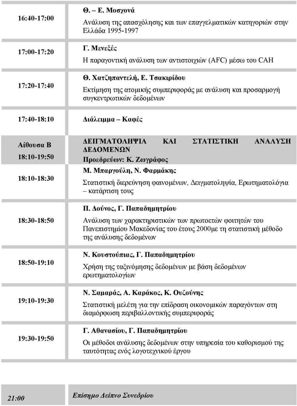 Τσακιρίδου Εκτίμηση της ατομικής συμπεριφοράς με ανάλυση και προσαρμογή συγκεντρωτικών δεδομένων 17:40-18:10 Διάλειμμα Καφές Αίθουσα Β 18:10-19:50 18:10-18:30 18:30-18:50 18:50-19:10 19:10-19:30