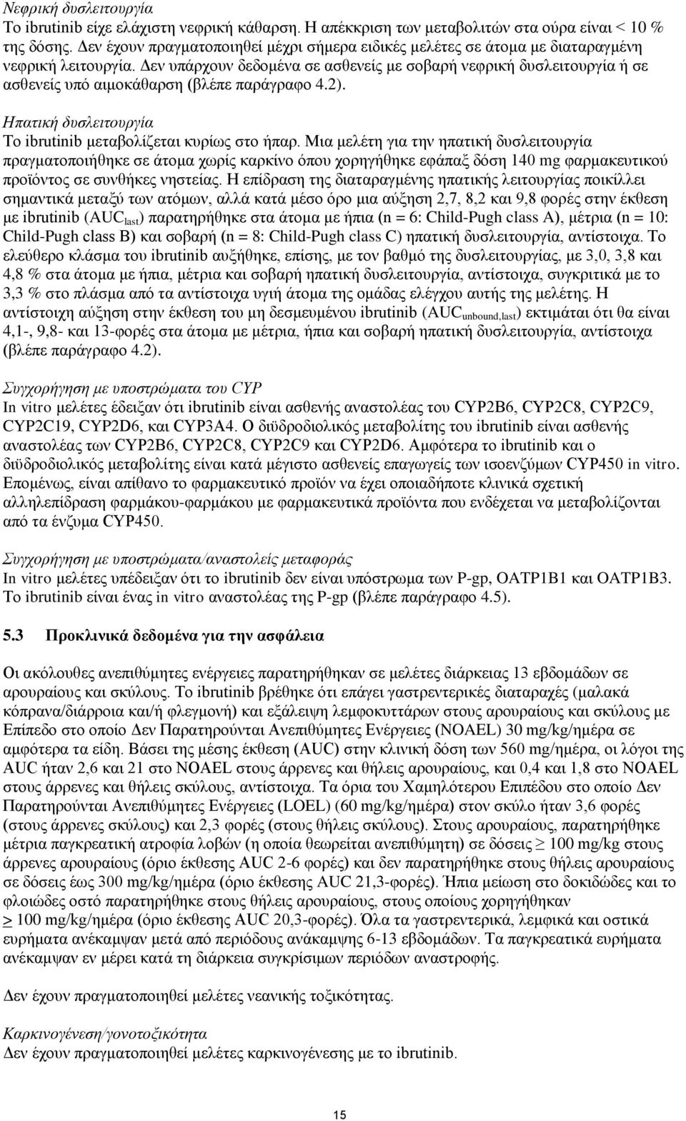 Δεν υπάρχουν δεδομένα σε ασθενείς με σοβαρή νεφρική δυσλειτουργία ή σε ασθενείς υπό αιμοκάθαρση (βλέπε παράγραφο 4.2). Ηπατική δυσλειτουργία Το ibrutinib μεταβολίζεται κυρίως στο ήπαρ.