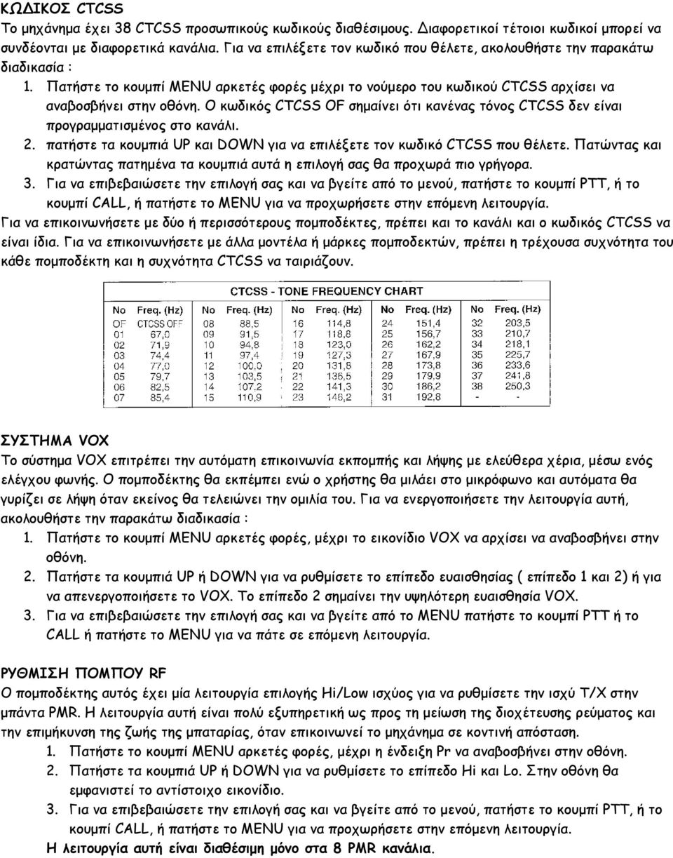 Ο κωδικός CTCSS OF σημαίνει ότι κανένας τόνος CTCSS δεν είναι προγραμματισμένος στο κανάλι. 2. πατήστε τα κουμπιά UP και DOWN για να επιλέξετε τον κωδικό CTCSS που θέλετε.