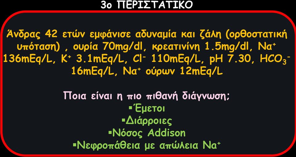 1mEq/L, Cl - 110mEq/L, ph 7.